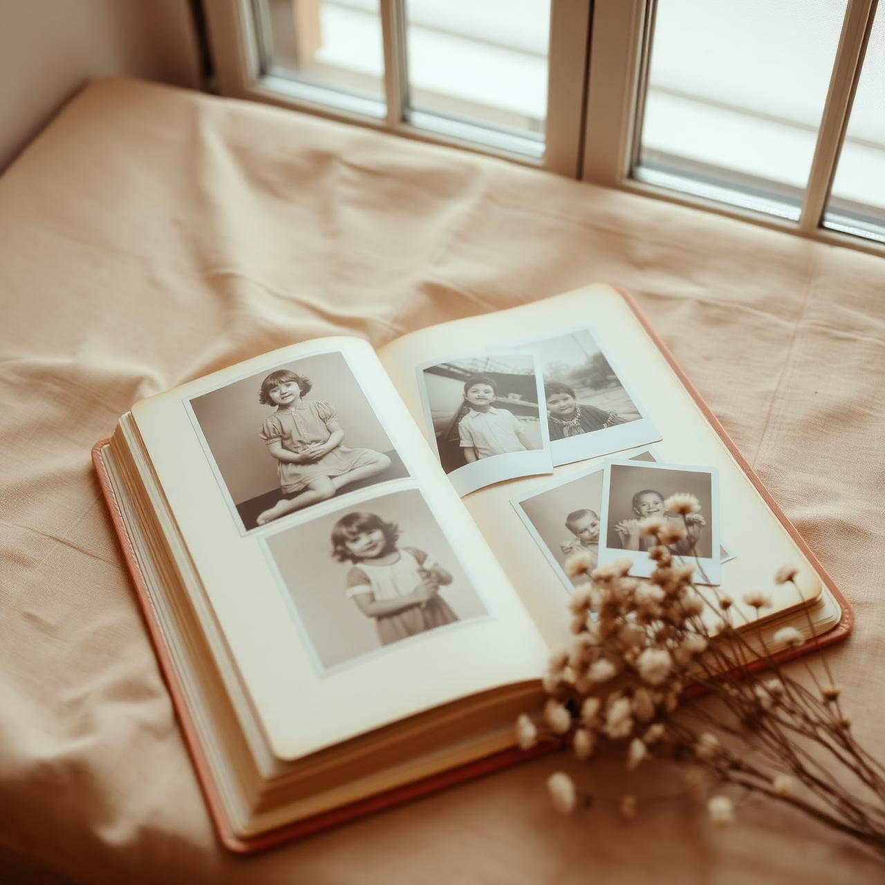 An open vintage photo album with sepia childhood photos